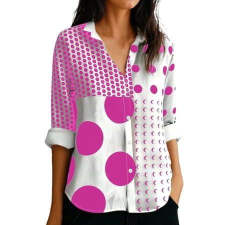 ctdiral Womens Polka Dot Long Sleeve Shirt Collared Button Down Blouses Comfy Loose Fit Tops Fall Casual Lightweight Clothes Hot Pink S