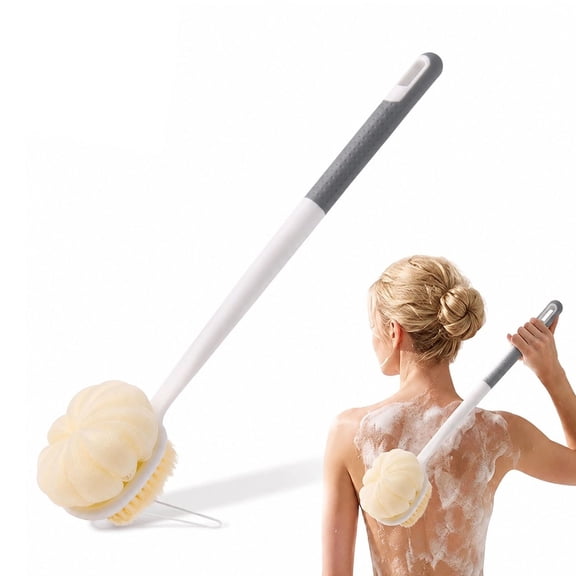 OFEFE Long Handle Shower Brush with Loofah - Double-Sided Exfoliating Bath Brush for Deep Cleansing & Massage, Ergonomic Back Scrubber for Women & Men (14 Inch, Gray)