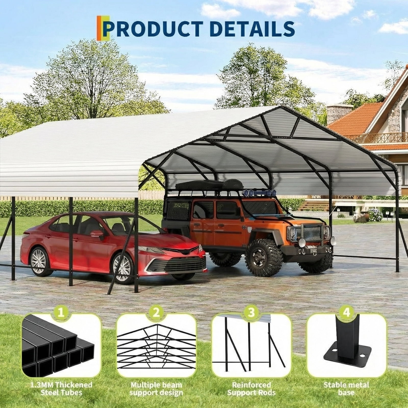 20 x 20 x 9 FT Metal Carport Garage, Heavy Duty Carbon Steel Frame with Metal Roof, Oversized White Outdoor Shelter for 2 Cars, Boats, and Tractors