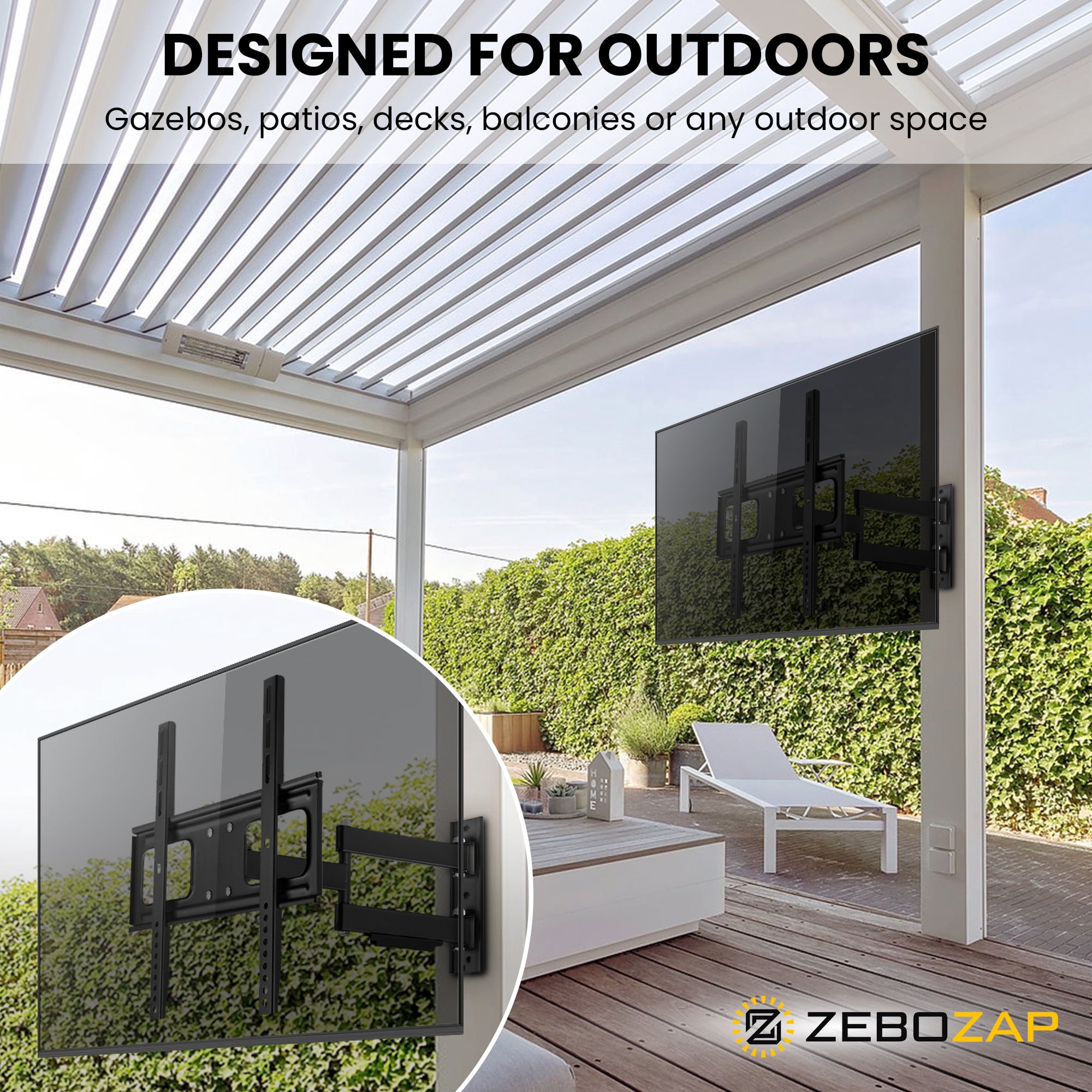 ZeboZap Vinyl Siding, Stucco, Brick, Outdoor TV mount 70" TV | Full Motion
