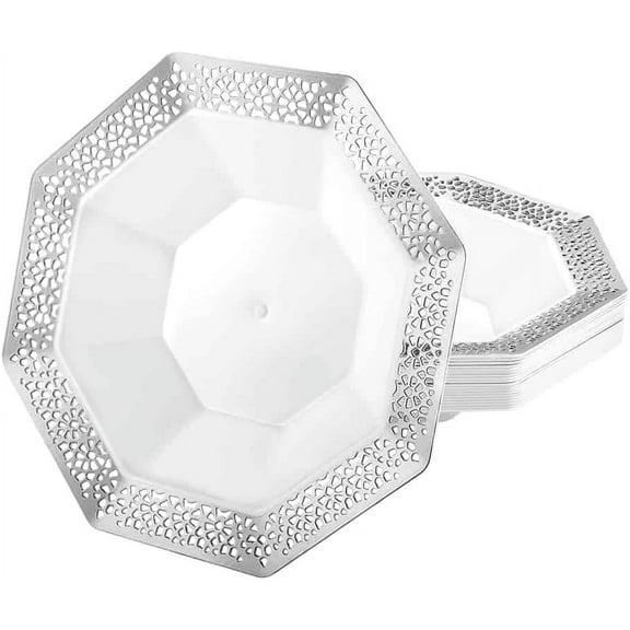 14oz Silver Plastic Bowl Octagon Design - Elegant Disposable Serving Bowl for Weddings, Parties, and Special Events - Durable, Stylish, Reusable Tableware - Perfect for Catering and Buffets (10)