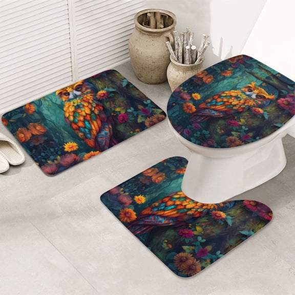 Bathroom Rugs Sets 3 Piece - Colorful Owl Forest Absorbent Non Slip Bath Mats, U-Shape Toilet Lid Cover, Contour Mat, Soft Washable Shower Mats Bath Rug Mat for Bathroom Tub Toilet