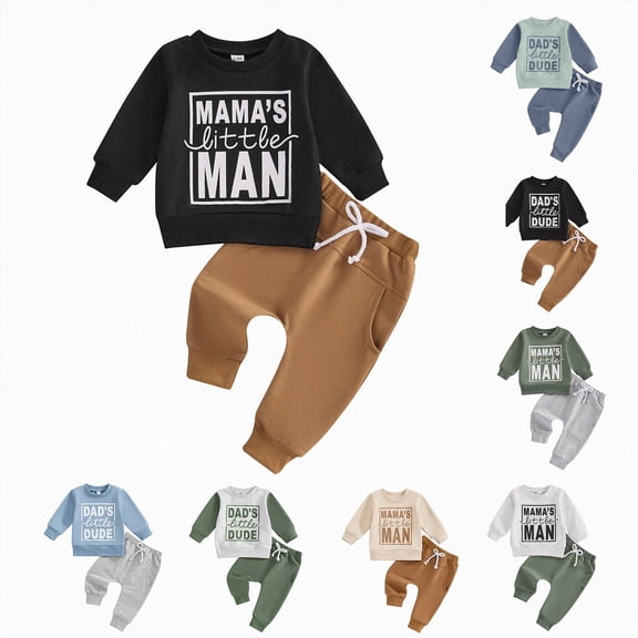 Towmus Baby Boy Fall Clothes Set Long Sleeve Crewneck Sweatshirts Pants Infant Newborn Fall Winter Outfits 6 12 18 24 Months 2T, Black, 6-12 Months