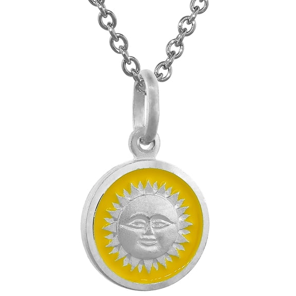 Sterling Silver Sun Medal Necklace Round Yellow Enameled with 24 inch Surgical Steel Chain Italy, 1/2 inch,