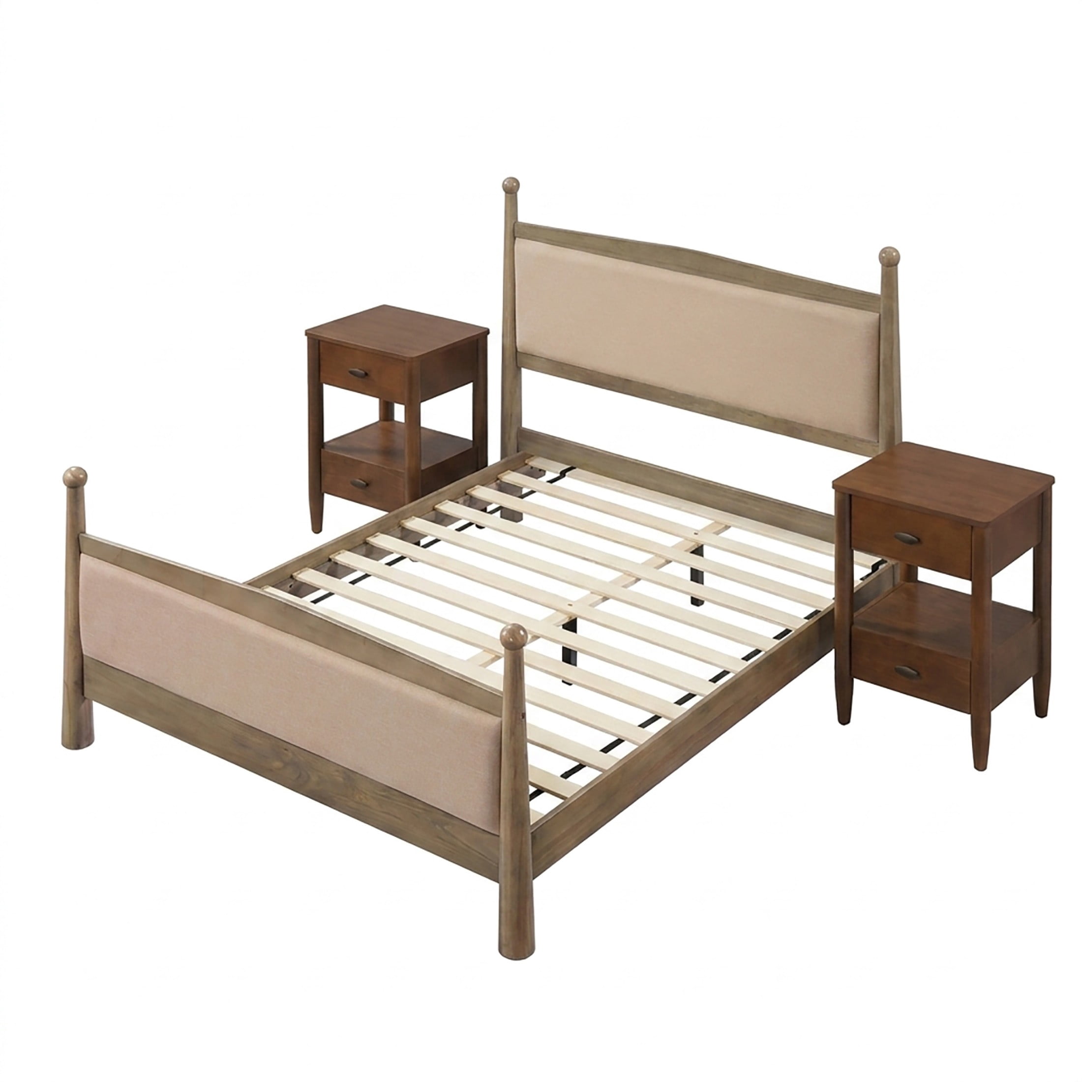 Christopher Knight Home Transitional Bedroom Set, Queen Upholstered Bed with 2 Nightstands, Natural+Walnut
