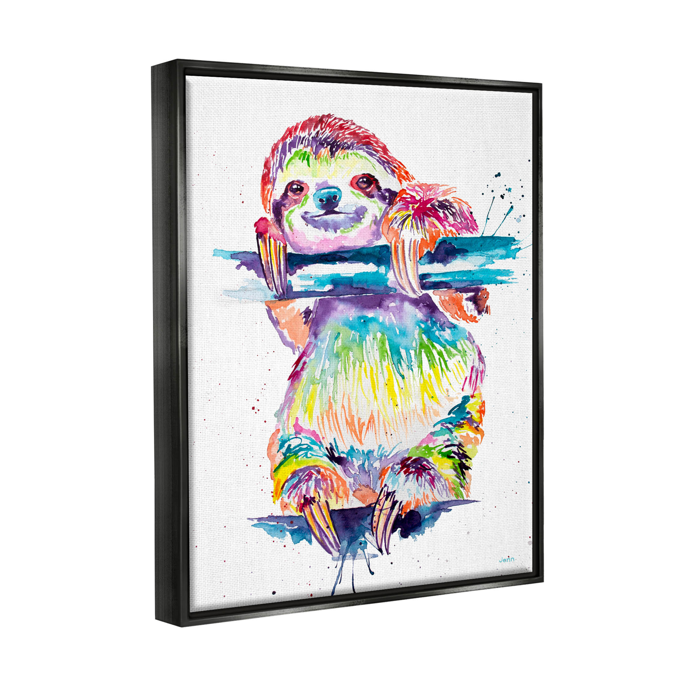Fun Rainbow Sloth Wildlife Animals & Insects Graphic Art Jet Black Framed Art Print Wall Art
