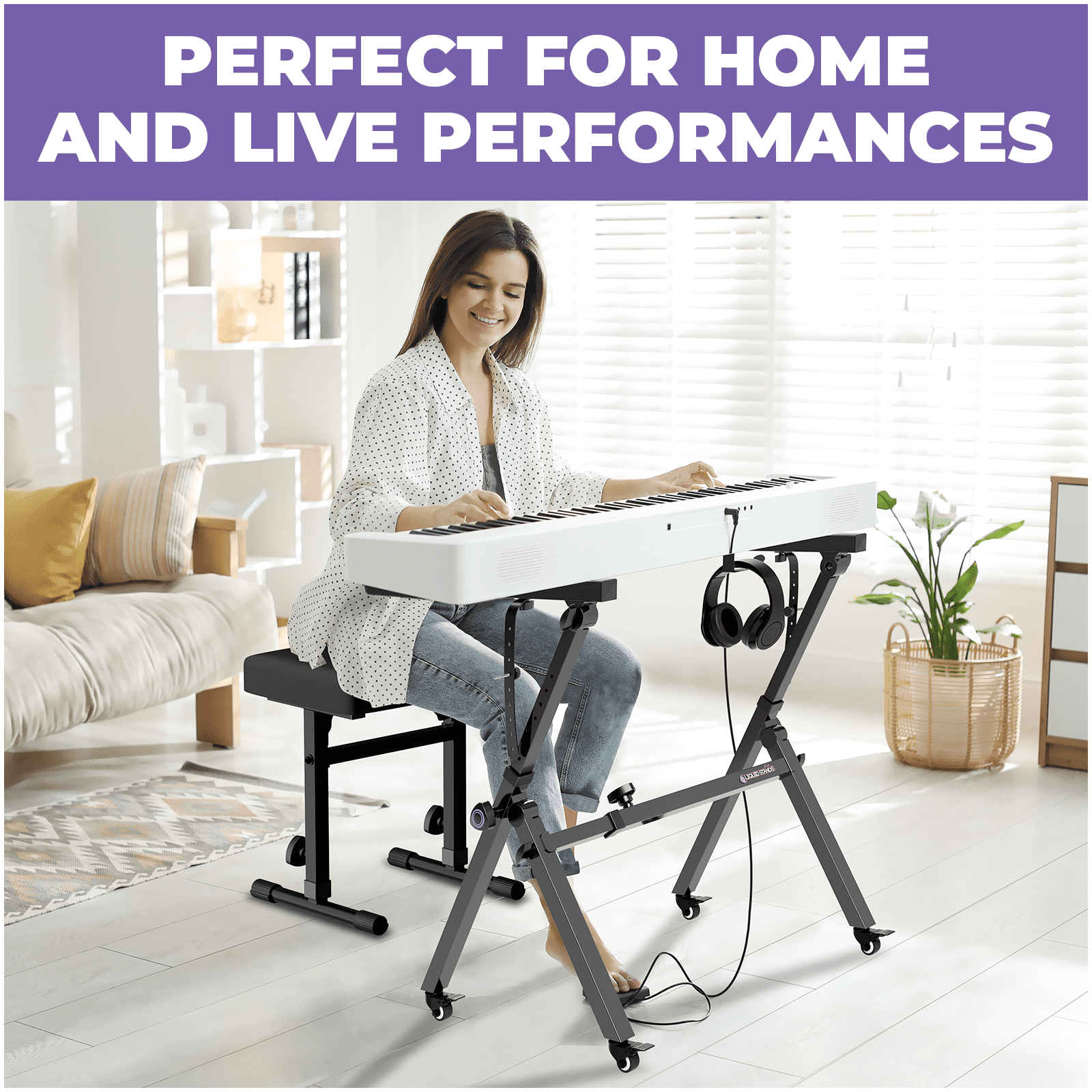 Liquid Stands Foldable Piano Keyboard Stand and Bench Set, caster wheels - Portable Heavy Duty Digital Piano Stand for 54-88 Key Electric Piano, Adjustable Piano Bench Stool Keyboard Music Stand Seat