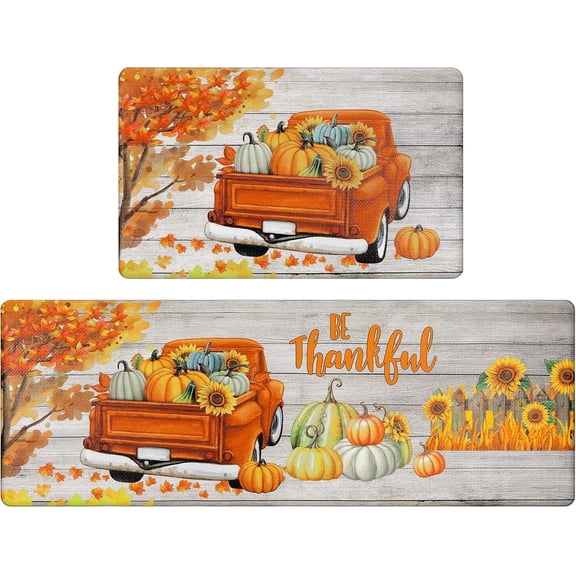2Piece Anti Fatigue Kitchen Mat Seasonal Fall Holiday Party Vintage Farmhouse Kitchen Rug Runner Set for Home Office Non Slip Waterproof Heavy Duty Comfort Standing Mats(Thankful)