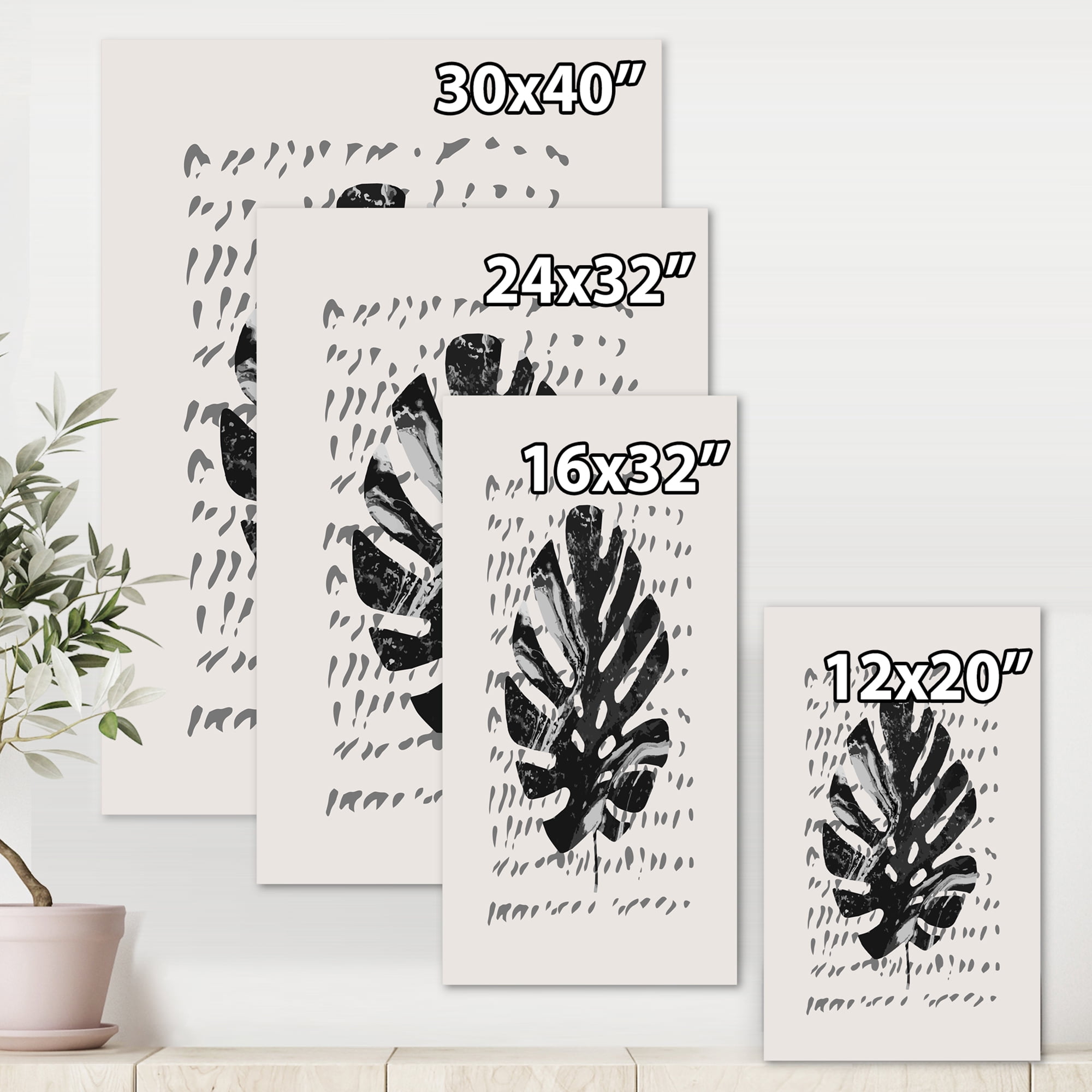 Minimal Tropical Palm Leaf Over Grunge Texture 16 in x 32 in Painting Canvas Art Print, by Designart
