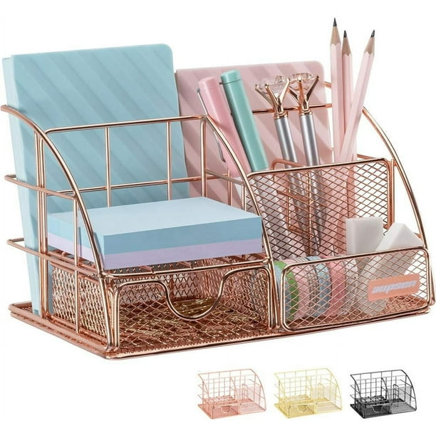 Organizadores de escritorio de oro rosa con cajón, organizador de suministros de oficina de malla de alambre para un diseño estético moderno, fácil de ensamblar para una configuración sin
