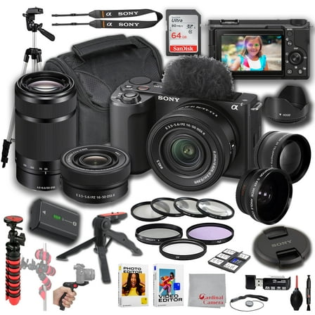 Sony ZV-E10 II Camera   Sony 16-50mm Lens   Sony E 55-210mm, Wide Angle and Telephoto Lens, 64GB Memory, Filters, Tripod Kit, Deluxe Case, Software & More ? Pro Video Bundle (35pc)