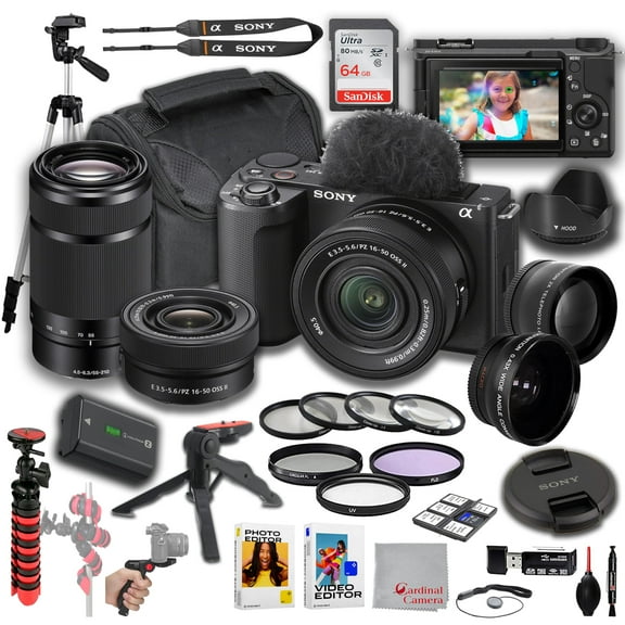 Sony ZV-E10 II Camera   Sony 16-50mm Lens   Sony E 55-210mm, Wide Angle and Telephoto Lens, 64GB Memory, Filters, Tripod Kit, Deluxe Case, Software & More ? Pro Video Bundle (35pc)