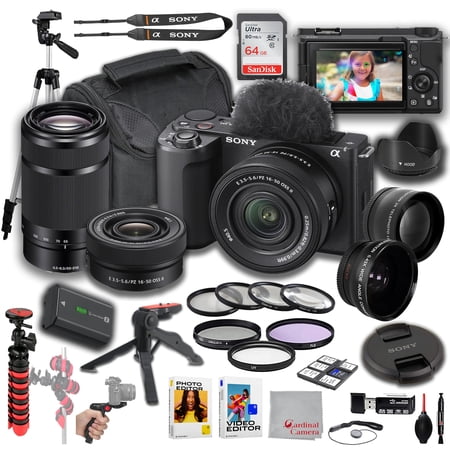 Sony ZV-E10 II Camera + Sony 16-50mm Lens + Sony E 55-210mm Wide Angle and Telephoto Lens 64GB Memory Filters Tripod Kit Deluxe Case Software & More ? Pro Video Bundle (35pc)
