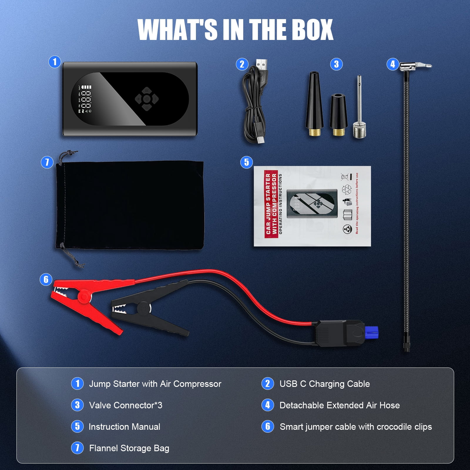 Car Battery Jump Starter, 3000A 12V, with Air Compressor, USB Power Bank
