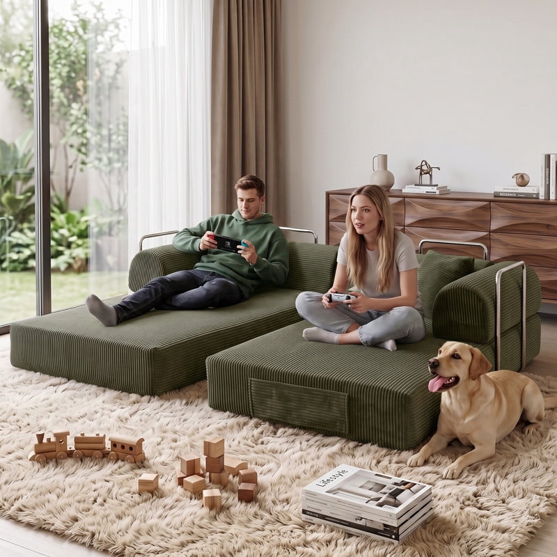 Anpport 78.8" Compression Boneless Sectional Sofa, Convertible Floor Sleeper Bed with Pillow Back Armrest, Corduroy Fabric, Green, for Living Room Bedroom