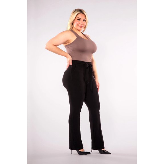 Plus Size High Waist Flare Pants With Front Seam Detail And Waist Tie - Black