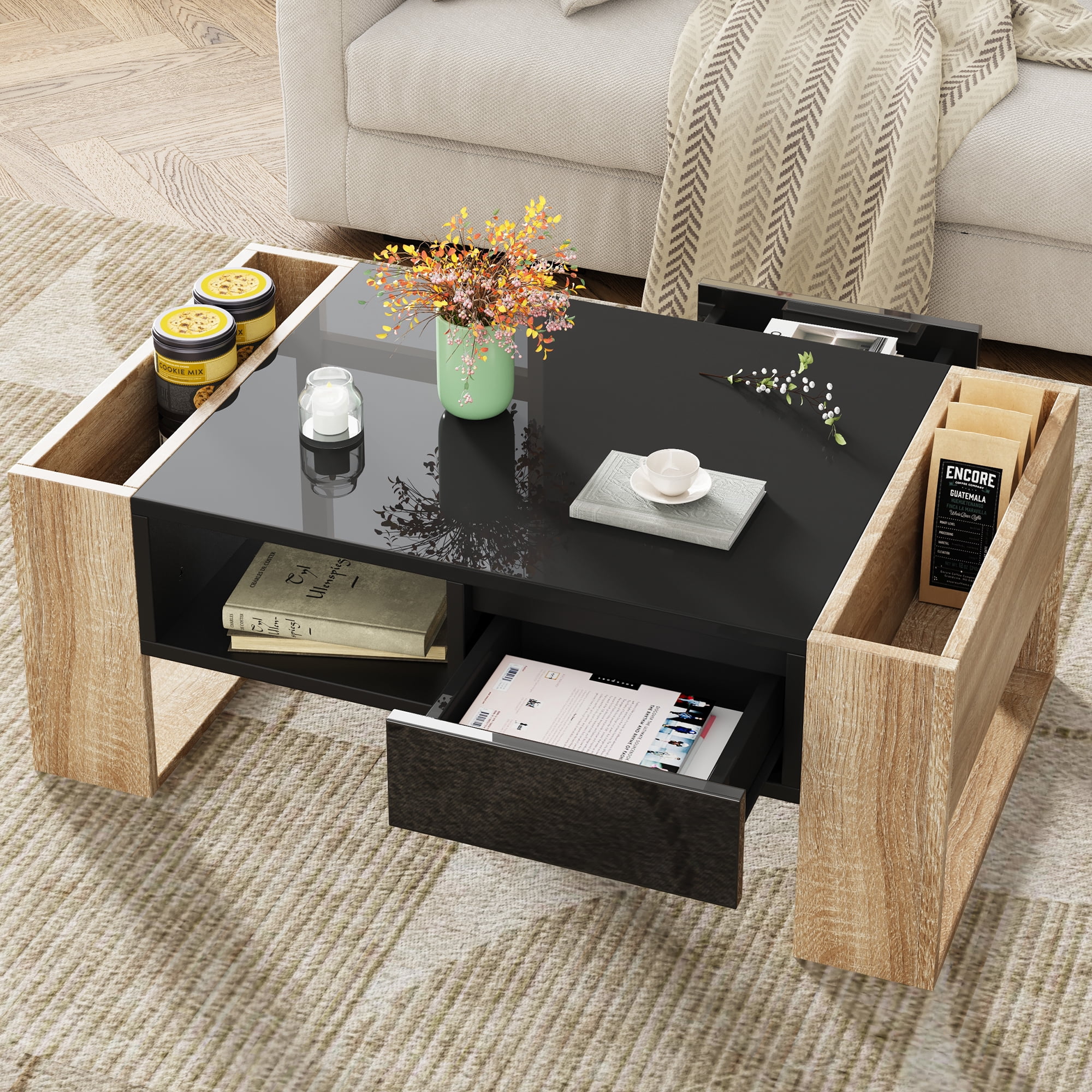 Euroco High Glossy Coffee Table with 2 Drawers, Practical Two Tone Center Table with Hidden Compartments, Rectangle Cocktail Table with Open Storage Shelf for Living Room, Bedroom