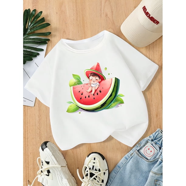 Adorable camiseta con estampado de sandía para niña. Tejido de poliéster suave y duradero. Camiseta informal de manga corta con cuello redondo para divertirse en verano. Bonita y cómoda.