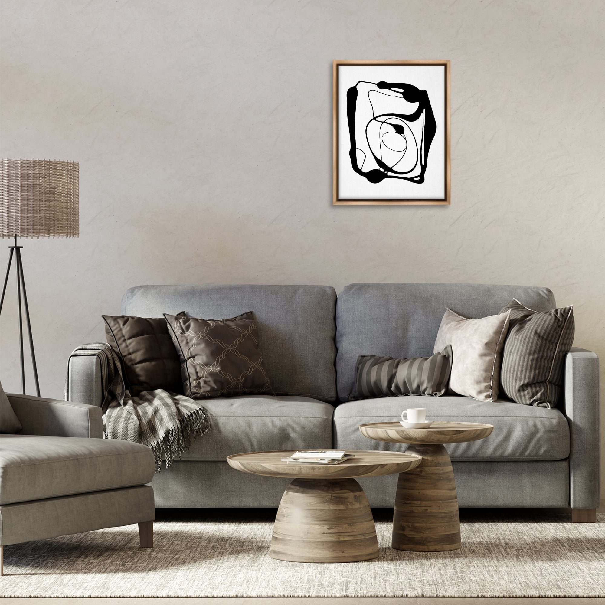 Stupell Industries Black Swirled Figure Abstract Painting Brown Floater Framed Canvas Art Print Wall Art, 17 x 21
