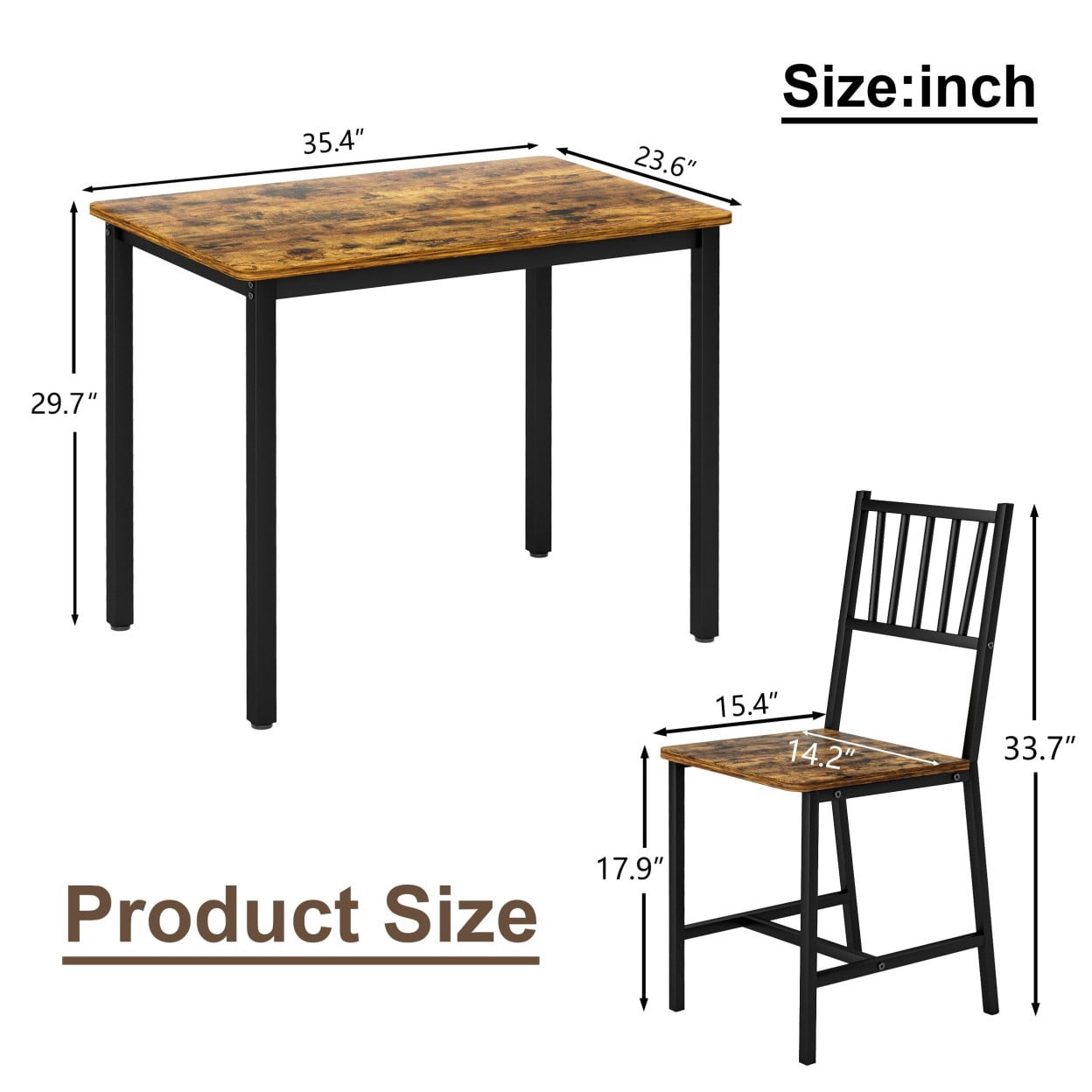 3 Piece Dining Table Set with 2 Chairs, Industrial Counter Height Kitchen Table Set, Breakfast Table for Small Space Dining Room Living Room, Rustic Brown