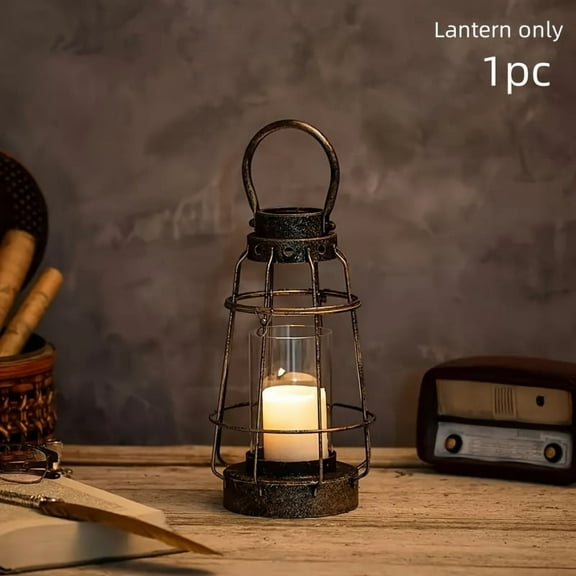 1pc Vintage Candle Lantern with Handle - Rustic Wrought Iron & Glass Design, Portable Pillar Candle Holder for Indoor/Outdoor Use, Ideal for Wedding Party Centerpieces & Garden Decor, Candle Holder