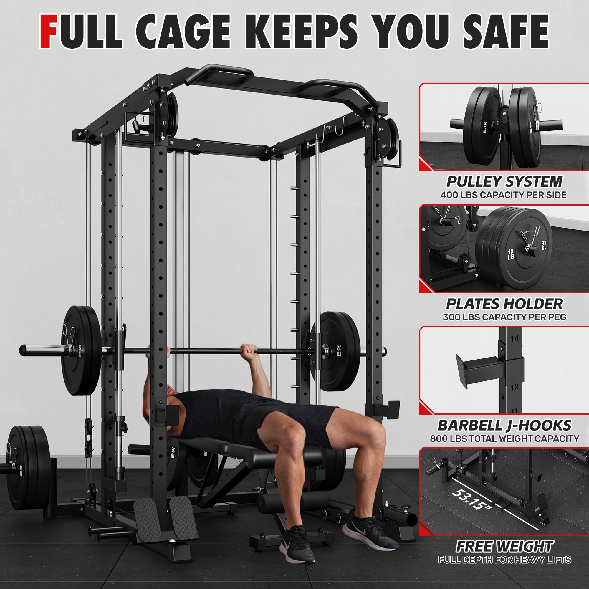 S1-V4 Smith Machine, 2000LBS Power Cage with Cable Crossover System, All-in-One Squat Rack with Smith Bar, Strength Training Equipment for Hone Gym
