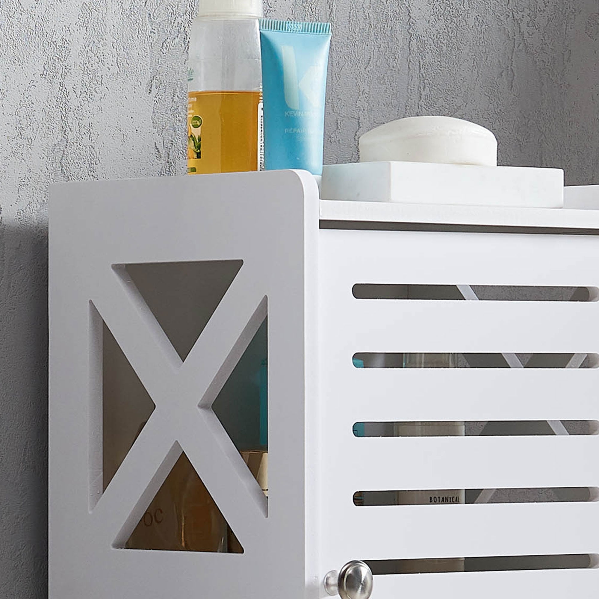 Kings Brand Furniture Basic Bathroom Storage Cabinet – White Plastic & Wood, 2 Cabinets with Shelves Behind Doors
