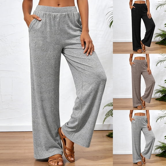 felwors Women's Wide Leg Lounge Pants High Waisted Knit Palazzo Pants with Pockets Soft Drape(Black, XL)