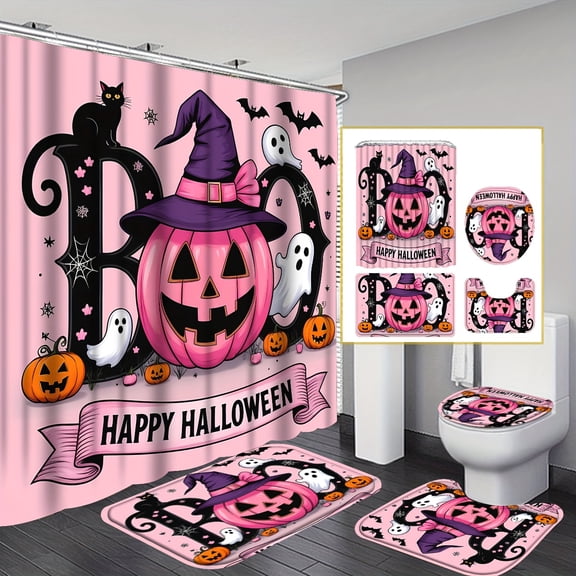 4pcs Halloween Shower Curtain Set with Non-Slip Bath Rug, Toilet Mat & Lid Cover - Spooky Ghosts, Bats, Pumpkins, Witches Hats - Bathroom Decorations - Machine Washable Bathroom Suite with 12 Hooks