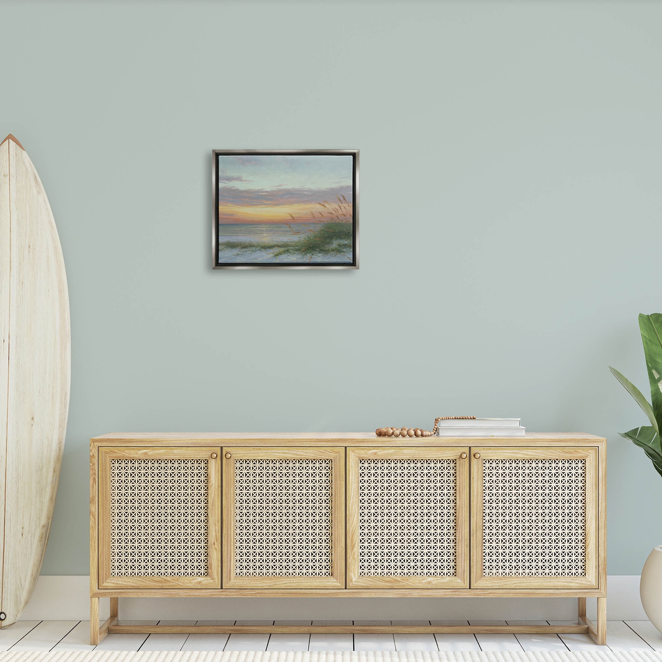 Coastal Beach Summer Sunset Landscape Painting Luster Gray Framed Art Print Wall Art