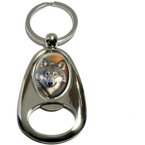 Gray Wolf with Fall Background, Chrome Plated Metal Spinning Oval Design Bottle Opener Keychain Key Ring