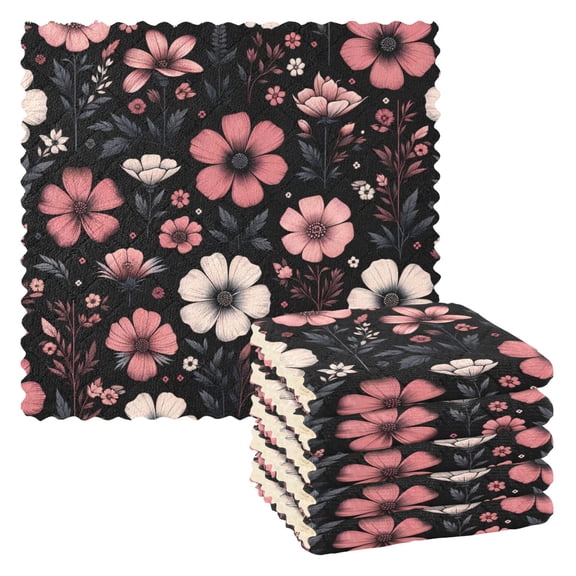 Pink Flower on Black Kitchen Towels 6 Pcs Dish Towels Absorbent Soft Quick Dry Towel Dish Rags for Washing Dishes