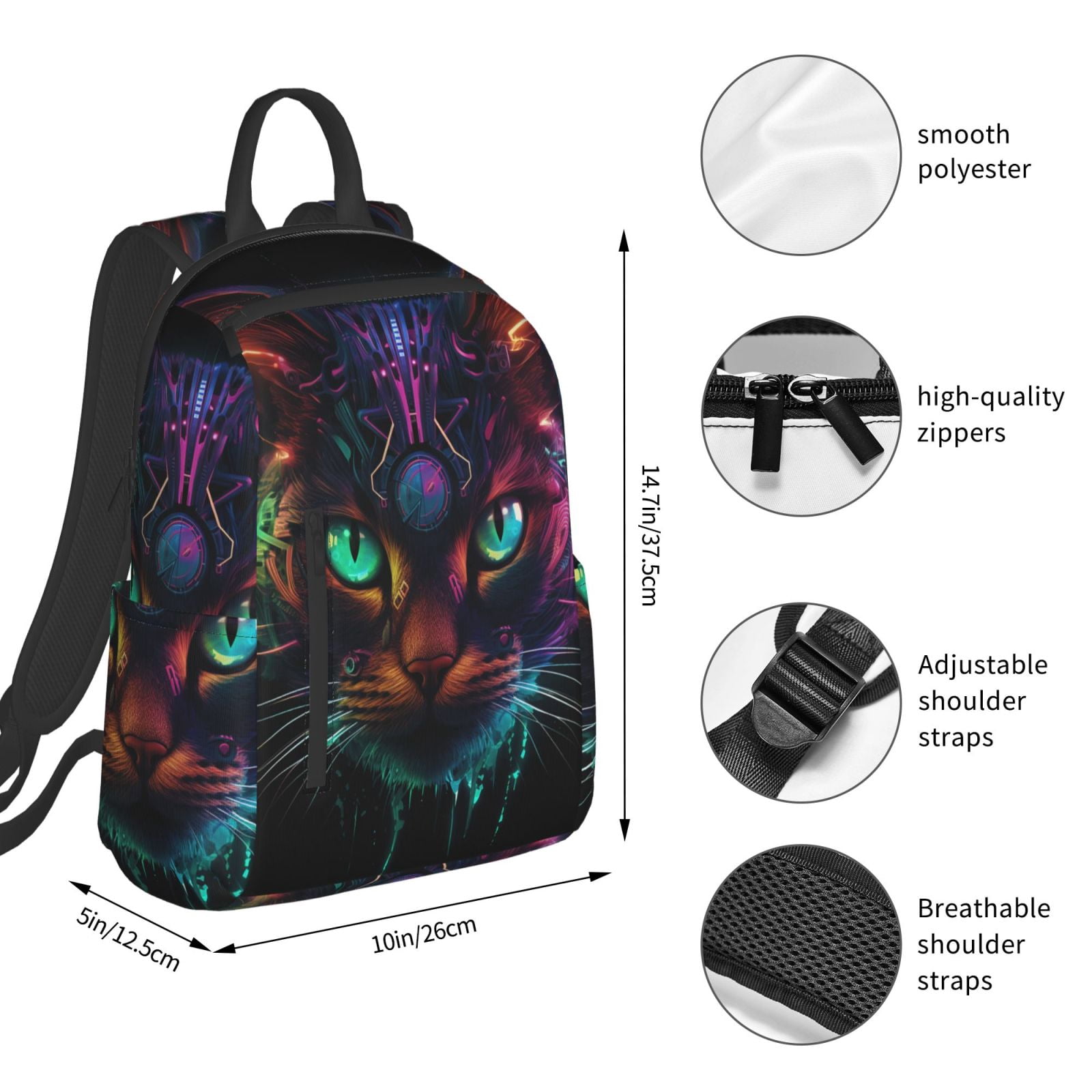Hirioo Futuristic Cat Warrior for Lightweight Backpack, Durable and Comfortable, Ideal for Travel, School, Hiking, and Everyday Use