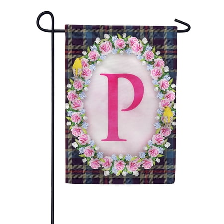 America Forever Spring Monogram Garden Flag Letter P 12.5 x 18 inches P Double Sided Vertical Outdoor, Yard, Lawn, Seasonal Decorative Yellow Flowers, Pink Rose, Floral Wreath Garden Flag