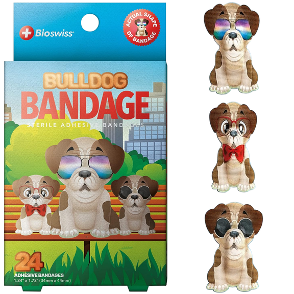BioSwiss Bandages, Bulldog Shaped Self Adhesive Bandage, Latex Free Sterile Wound Care, Fun First Aid Kit Supplies for Kids and Adults, 24 Count