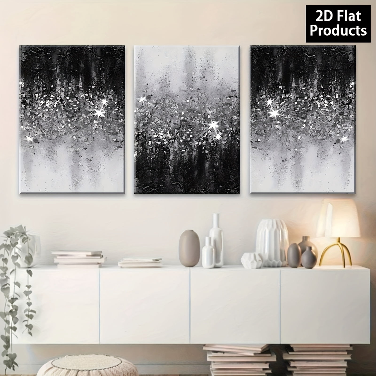 3pcs Modern Abstract Black & White Sparkling Wall Art | Framed Wrapped Canvas Paintings, Vertical Contemporary Shiny Decor Suitable for Living Room, Bedroom, Corridor - Ideal for Halloween,