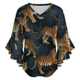 thumbnail image 5 of Dark Blue Tiger Fabric Print Women's V-Neck Blouse With 3/4 Ruffled Bell Sleeves Casual Top Ladies Blouses, 5 of 7