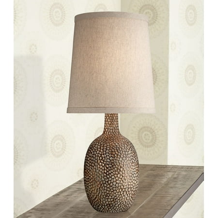 Hammered Platinum Three Light 360 Lighting Rustic Accent Table Lamp Antique Bronze Hammered Texture Natural Beige Linen Shade for Living Room Family Bedroom ()