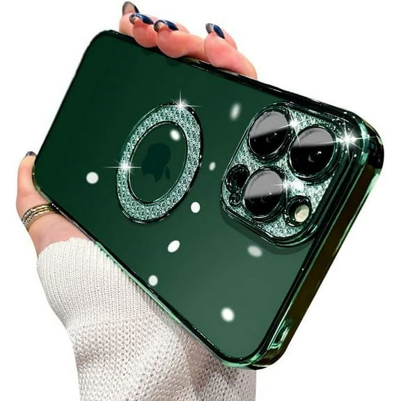 Compatible with iPhone Case,Glitter Bling Sparkly Diamond Logo View Window Camera Lens Protection ElectroPlated Color Frame Edge Border Clear Soft Phone Case (Green,iPhone 14 Plus)