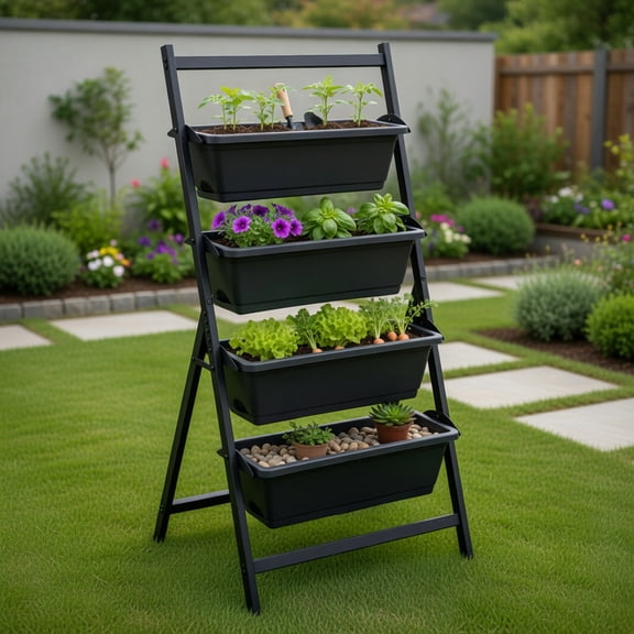 Topcobee 4-Tier Vertical Raised Garden Bed, Stackable Black Plastic and Metal Planter with Drainage Holes for Herbs, Vegetables, Flowers, Easy Assembly Indoor/Outdoor Use