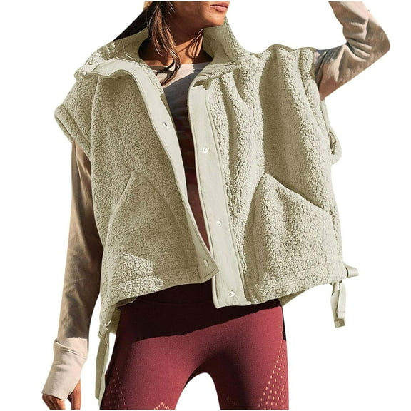 Womens Fleece Vest Casual Sleeveless Button Down Jacket Outerwear with Pockets