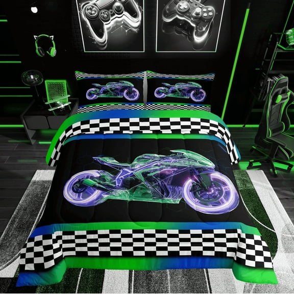 Erosebridal Neon Motorcycle Bedding Twin Comforter Set, Honeycomb Geometry Down Comforter, Extreme Sports Decor, Breathable