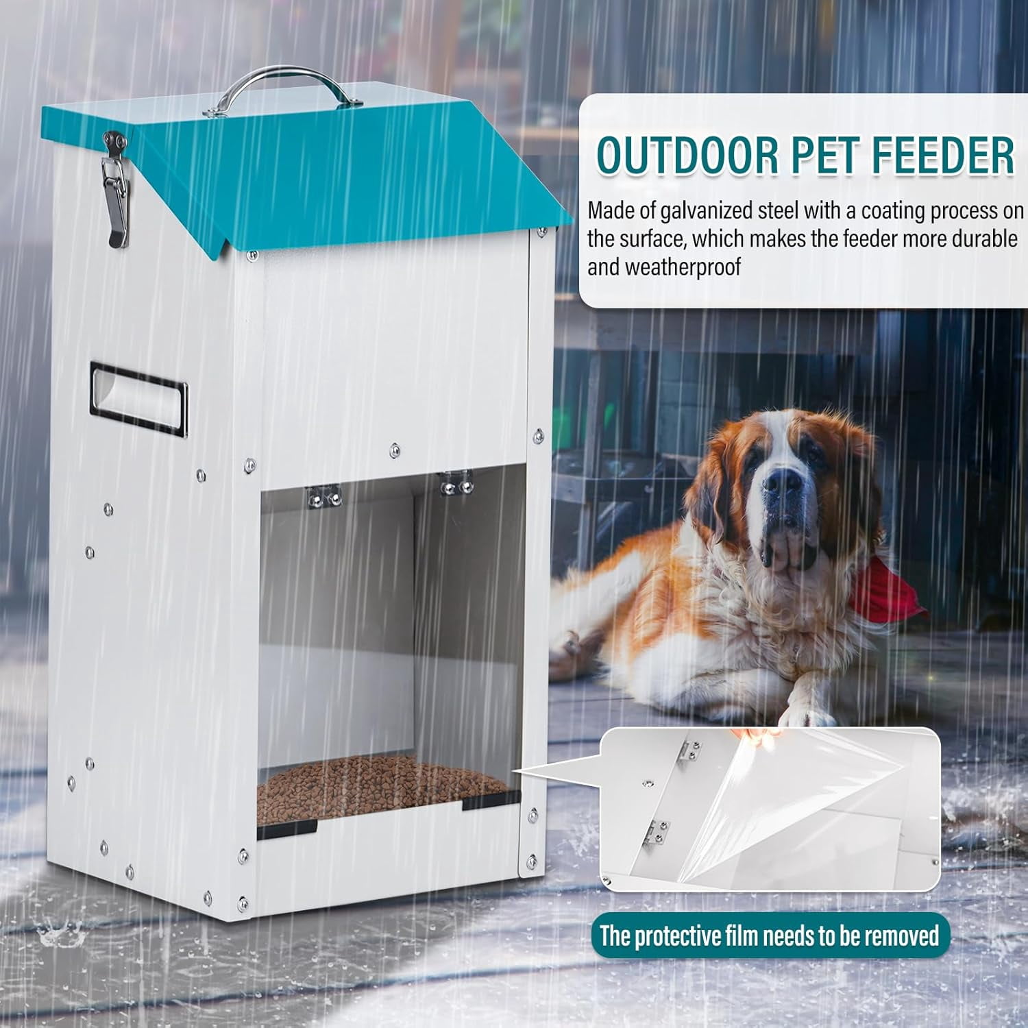 Automatic Dog Feeder Outdoor Galvanized Dog Food Dispenser 15lbs Pet Cat Feeding Station Metal Gravity Feeder for Puppy, Dog, Cat