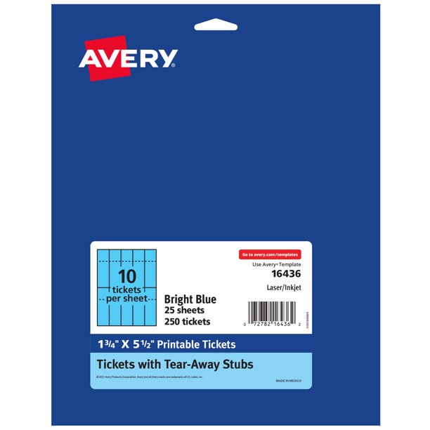 Avery Printable Tickets, Bright Blue, 1.75" x 5.5", Laser/Inkjet, 250