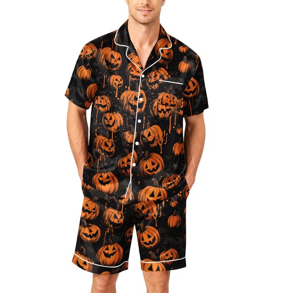 Halloween Pajamas Men Cute Halloween Pajamas for Men Matching Halloween Pajamas Pumpkin Pajamas Men Halloween Pjs Halloween Pajamas Men Casual Short Sleeve Button Down Tops Shorts, Black, L