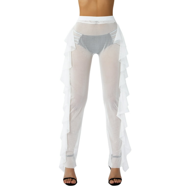 TFFR Women Beach Pants Solid See Through Sheer Mesh Ruffle Beach Cover Up  Pants