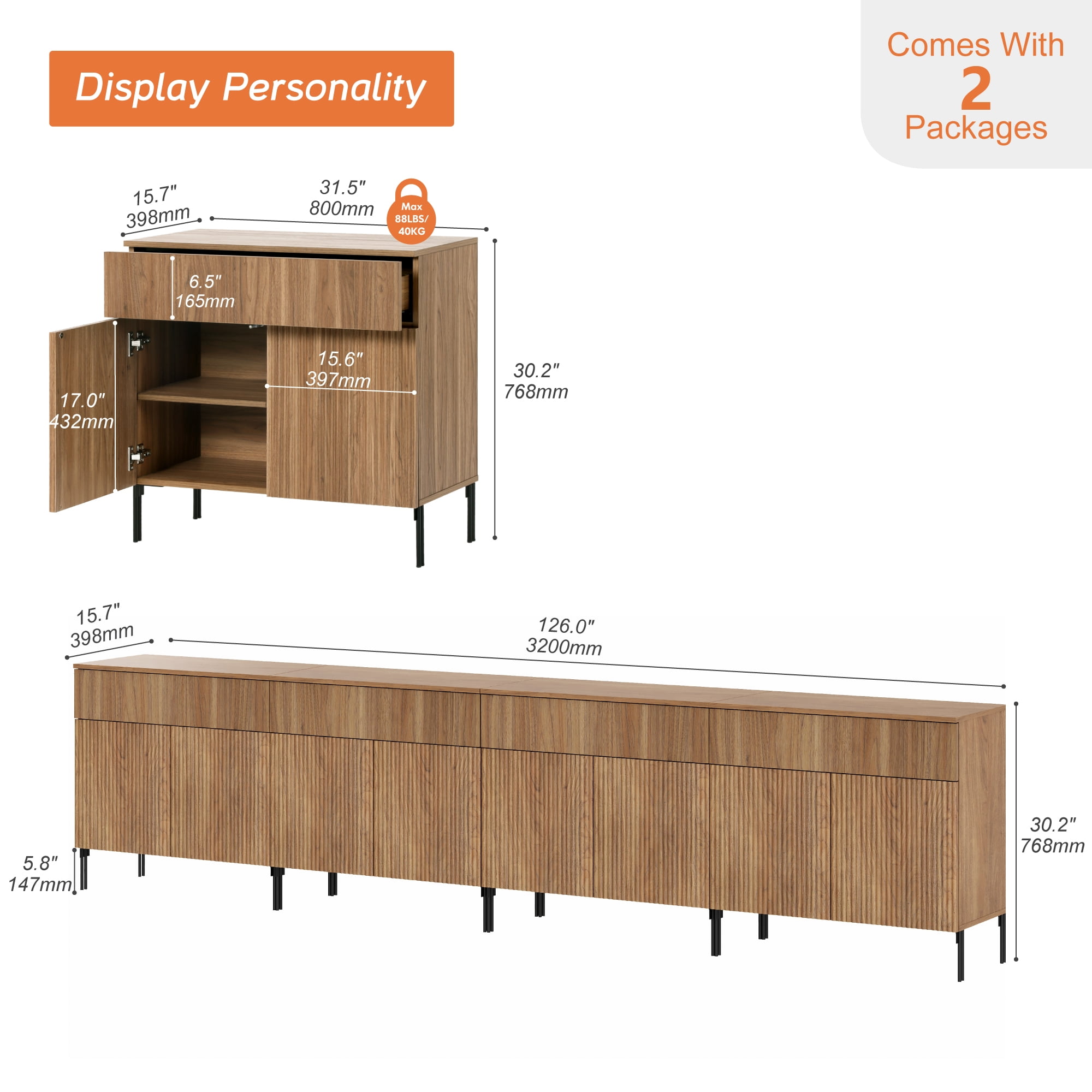 126" Long Modern Reeded TV Stand with Doors, Entertainment Center with Shelf, Wooden TV Console with Drawers for Living Room