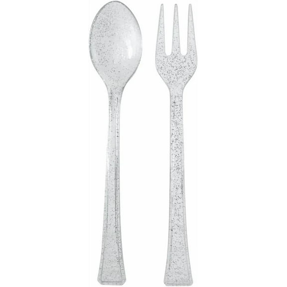 Mini Glitter Silver Spoon and Fork Plastic Combo Set – Durable Disposable Utensils for Desserts Appetizers Samples Catering Parties Events Buffets and Food Service Supplies Heavy Duty (4)