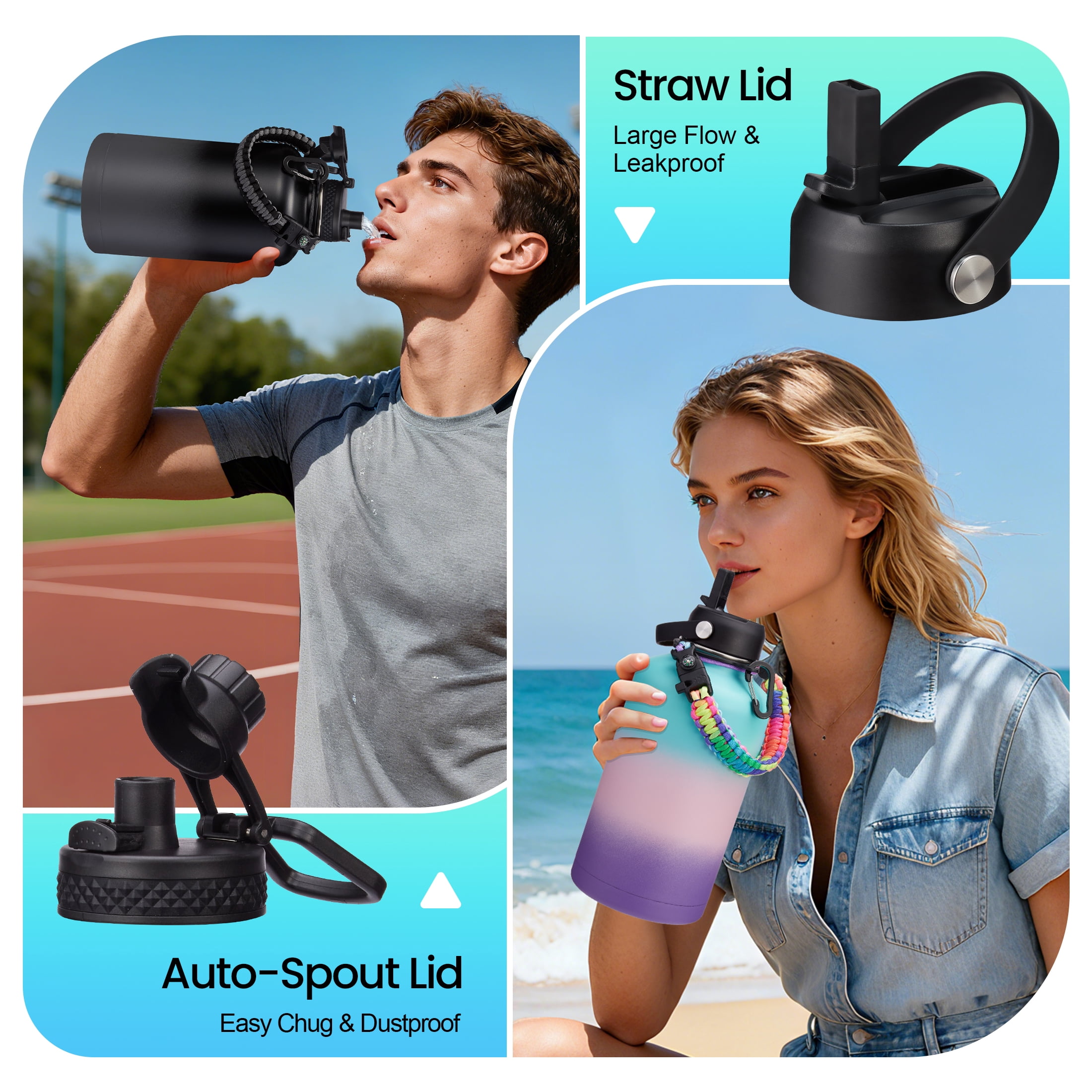 64OZ Insulated Sports Water Bottle - Half Gallon Stainless Steel Water Bottle with Straw, Carrier Bag, Paracord Handle, Big Water Jug for Hiking Camping