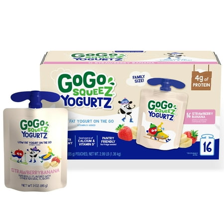 (16 Pack) GoGo squeeZ yogurtZ Strawberry Banana Lowfat Yogurt Pouches  3 Oz  16 pack